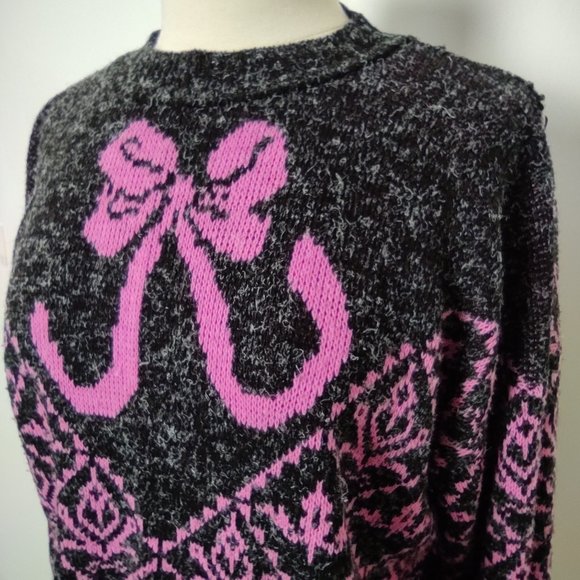 Vintage 80s Bow Print Sweater Crew Neck Marled Fuzzy Knit Pink Grey Medium - Picture 12 of 13